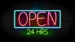 Realistic 3D illustration of Neon Open 24 hours sign on grunge wall, Stores, shops and restaurants sign. neon sign concept.