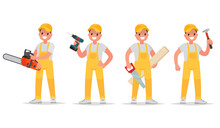 Set Of Worker With Various Tools. Man With A Chainsaw, Screw Gun, Saw And A Hammer