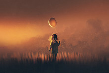 The Little Girl With Gas Mask Holding Balloon Standing In Fields At Sunset,illustration Painting