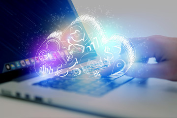 Poster - Concept of cloud storage icon flying out a computer - technology concept