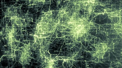 Poster - white lines drawn by bright spots eventually create an abstract image of a circuit board.