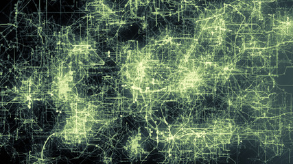 Poster - light green lines drawn by bright spots eventually create an abstract image of a circuit board.