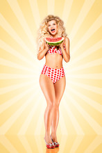 Bikini And Watermelon / Beautiful Pinup Bikini Model, Holding A Watermelon On Colorful Abstract Cartoon Style Background.