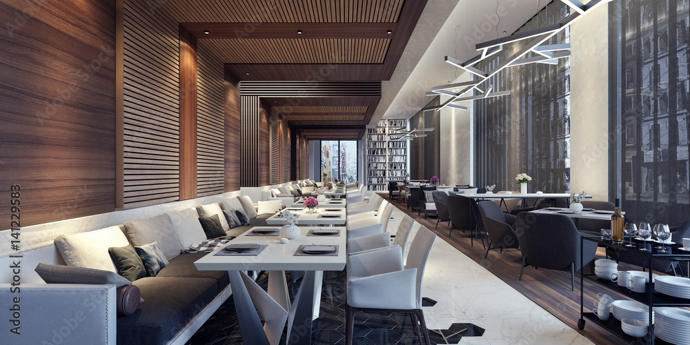 Modern concept design of restaurant lounge 3D Render - obrazy, fototapety, plakaty 