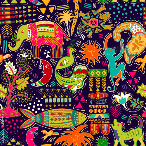 Stoffe zum Nähen Nahtlose Muster. Bunten tropischen Hintergrund. Hand gezeichneten Hintergrund mit Deko-Tiere und geometrische Elemente