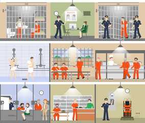 Jail interior set. Prison room with bars and prisoners. Shower and canteen. Electric chair.