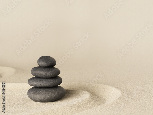 Foto-Vertikallamellen zum Austausch - Balance and harmony, zen stone garden background. Dark black stones on fine sand standing for concentration and relaxation.. (von kikkerdirk)