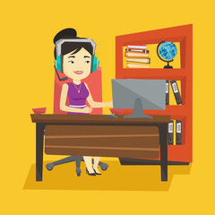 Wall Mural - Business woman with headset working at office.