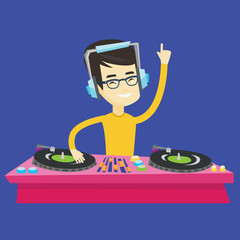 Sticker - DJ mixing music on turntables vector illustration.