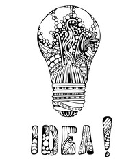 Wall Mural - Decorative ornate hand drawn light bulb with bubbles, leaves and waves, ornate letters, idea word. Creative background for cards, posters and etc.