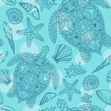 Seashells, Sea Stars, Corals And Bubbles Seamless Pattern, Vector. Light Blue Background. Marine Illustration With Starfishes,  Shells,