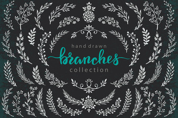 Sticker - Big set of hand drawn vector flowers and branches with leaves, berries.