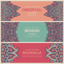 Set Of Three Horizontal Cards Or Flyers With Abstract Henna Mehndi Ornament.