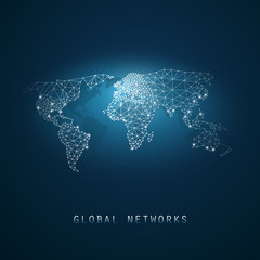 Poster - Cloud Computing and Networks Concept with World Map - Abstract Global Digital Network Connections, Technology Background, Creative Design Element Template with Wire Mesh