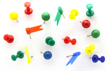 Set Of Colorful Color Push Pins Top View Isolated On White Background.