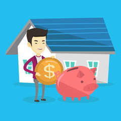 Wall Mural - Man puts money into piggy bank for buying house.