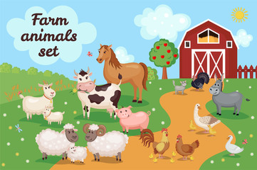 Illustration with farm animals and birds