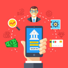 Poster - Mobile banking. Hand holding smartphone with online bank login page, mobile account. Modern flat design graphic elements, thin line icons set. Vector illustration