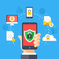 Poster - mobile security, data protection concept. hand holding smartphone, shield lock icon. modern flat des