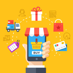 Poster - Mobile shopping, mobile commerce concept. Hand holding smartphone with checkout page. Modern flat design graphic elements, thin line icons set. Vector illustration