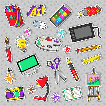 Art Creativity Badges, Stickers, Patches with Paints and Design Tools. Vector Doodle