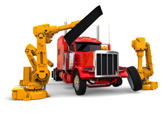 Wall Mural - American truck assembly line  / 3D render image representing an american truck assembly line with robots 