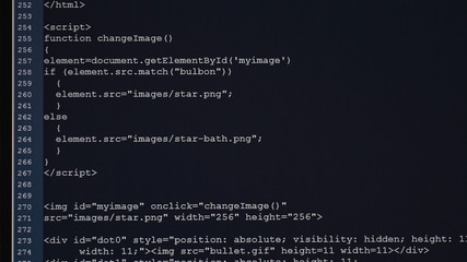 Leinwandbilder - Software developer programming code on computer display. Abstract script code is listing in white letters in deep blue background.