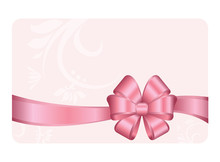 Gift Certificate, Gift Card With Pink Ribbon And A Bow On Pink Decorative Elements  Background.  Gift Voucher Template.  Vector Image.