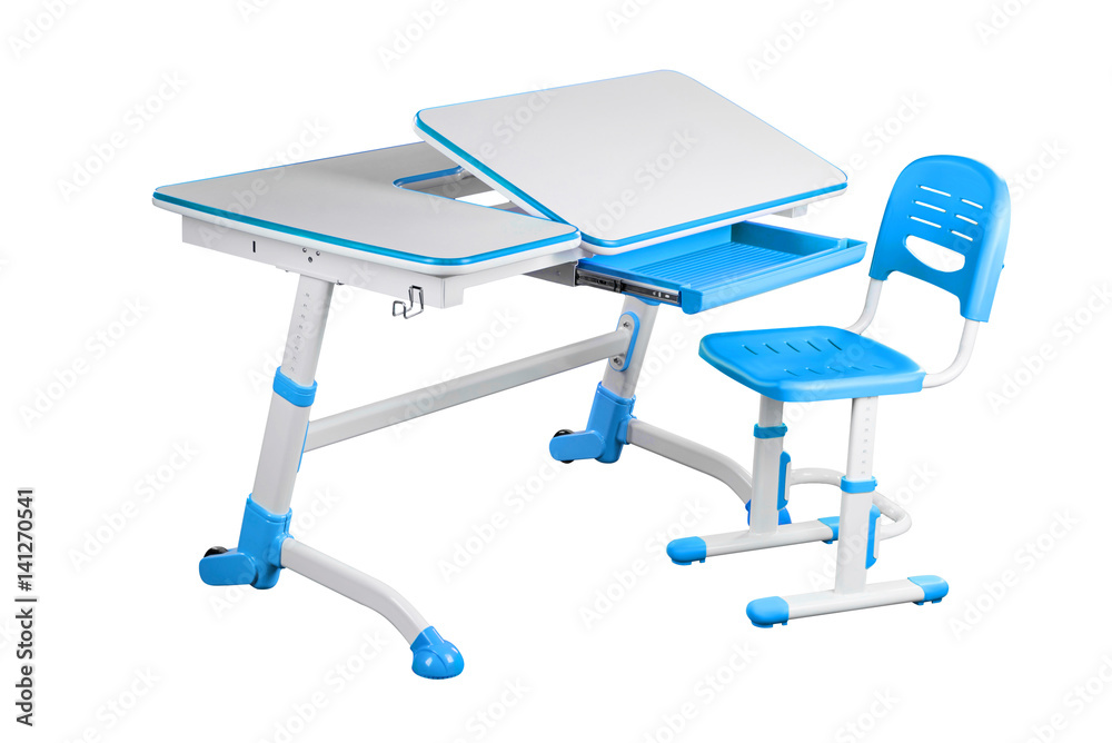 Blue school desk and blue chair