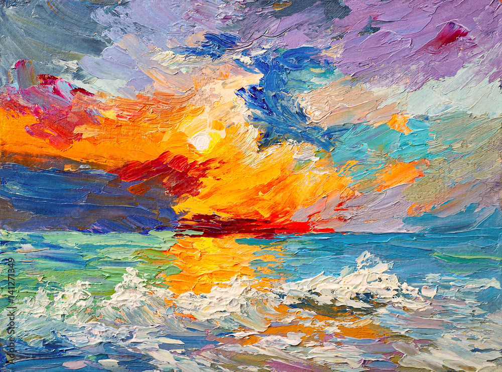 Oil painting of the sea, multicolored sunset on the horizon, watercolor - obrazy, fototapety, plakaty 
