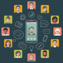 Vector illustration of global communication and social network with different people flat app icons.