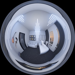 Wall Mural - 3d illustration of interior design of a home office in a space style. Render is executed, 360 degree spherical seamless panorama for virtual reality. Cabinet musician.