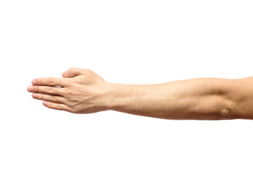 Man stretching hand to handshake isolated