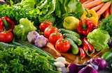 Composition with variety of fresh organic vegetables and fruits