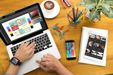 Aufkleber - Creative Designer Graphic at work. Color swatch samples, Illustrator Graphic designer working digital tablet and computer