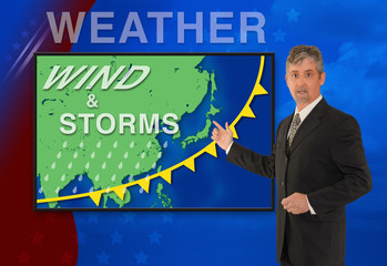 a tv television news weather man meteorologist anchorman is reporting with a wind & storm graphic ov