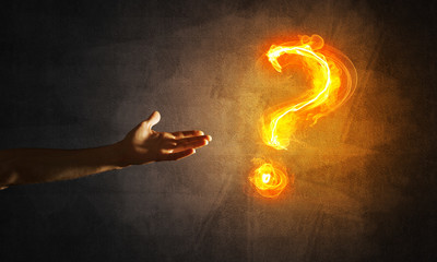 Aufkleber - Concept of help or support with fire burning question mark and creation gesture