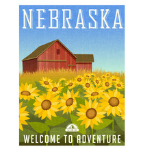 Nebraska Travel Poster Or Sticker. Vector Illustration Of Sunflowers In Front Of Old Red Barn.
Rural Landscape.