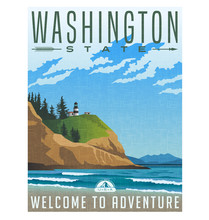Washington State Travel Poster Or Sticker. 
Vector Illustration Of Rugged Shoreline And Lighthouse. Cape Disappointment State Park.