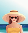 Девушка в шляпе и очках пляж, лето отдых, вектор