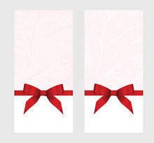 Gift Certificate, Gift Card With Red Ribbon And A Bow On Pink Decorative Elements  Background.  Gift Voucher Template.  Vector Image.