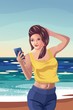 Девушка на пляжном отдыхе, Смартфон сообщение вектор