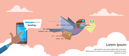 businessman sending email using smartphone on progress status pigeon courier flat vector illustration