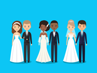 Wall Mural - Bride and groom. Vector flat people characters. Cartoon couple newlyweds isolated on blue background. Women in wedding dresses and men in suits. Icons male, female.