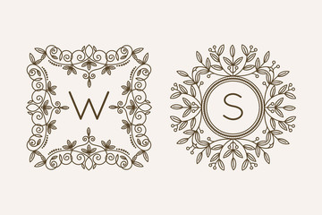 Monogram logo and text badge emblem line art vector illustration luxury template flourishes calligraphic leaves elegant ornament sign.