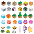 Game assets. Isometric texture bricks and magic crystals. Landscape, rock, water, magic design elements for gaming interface