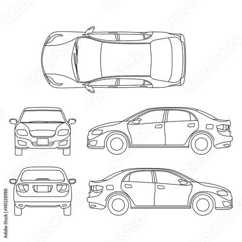 Outline Sedan Car Vector Drawing In Different Point Of View