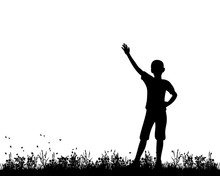 Vector, Silhouette Of A Boy Standing On The Grass, Hand Up