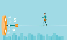 Flat Business Risk And Business Goal Concept With Business Man Balancing On The Rope Above  The City
