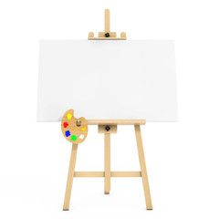 Leinwandbilder - Wooden Artist Easel with White Mock Up Canvas and Palette. 3d Rendering